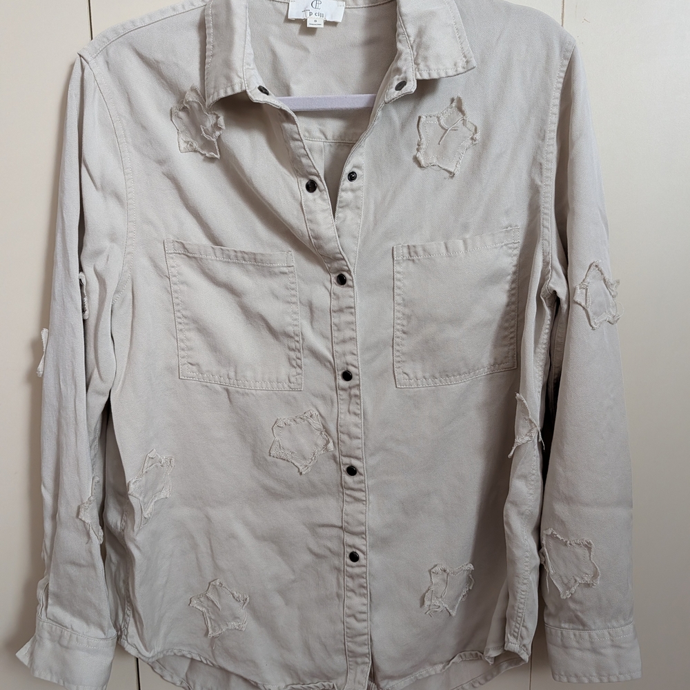 P Cill Beige Star Patch Collared Button Down Shirt Grunge Punk